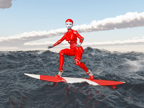 Female robot on a surfboard