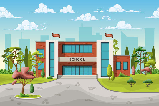 Illustration of a school building in cartoon style