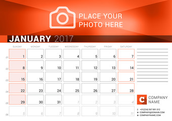 Desk Calendar for 2017 Year. January. Vector Design Print Template. Week Starts Sunday
