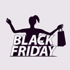 Black friday. Sale banner. Elegant shopping woman. А girl with a package. Poster Sale. Vector illustration