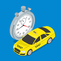 Fototapeta na wymiar Taxi and stopwatch flat 3d isometric style. Quick taxi service. Vector illustration.