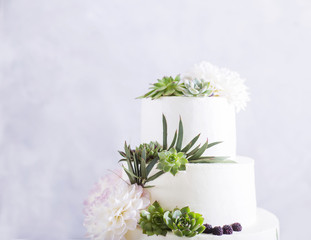 Fototapeta na wymiar Elegant wedding cake with flowers and succulents