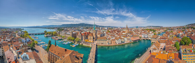 Naklejka na ściany i meble Aerial view of Zürich city center with river Limmat, Switzerland