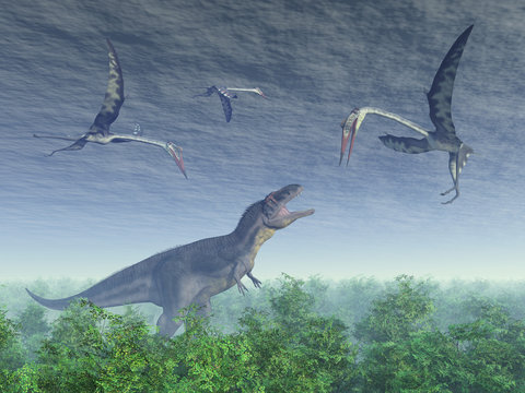 Dinosaur Tyrannotitan and pterosaur Quetzalcoatlus