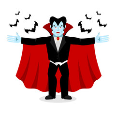 Happy Dracula in red mantle. Good cheerful vampire. ghoul and ba