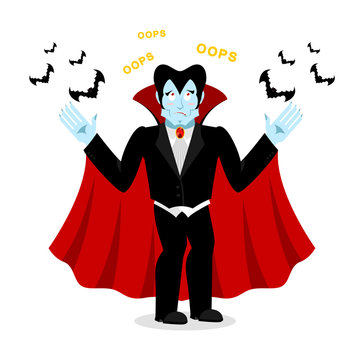  Surprised Dracula. Perplexed vampire says OOPS. Ghoul and bats