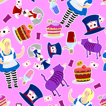 Alice in Wonderland pattern. Fat woman and Cheshire cat. Rabbit