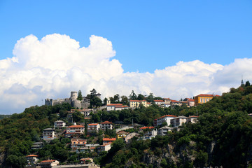 Fototapeta na wymiar Trsat hill with medieval Trsat Castle in Rijeka, Croatia. Rijeka is selected as the European Capital of Culture for 2020.
