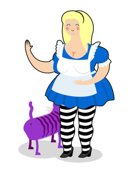 Alice and Cheshire Cat. Old fat woman and shabby fabulous animal
