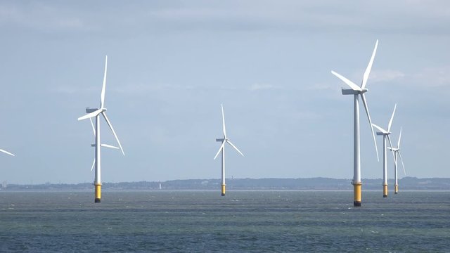Wind turbines in Liverpool Bay, Irish Sea, England, UK