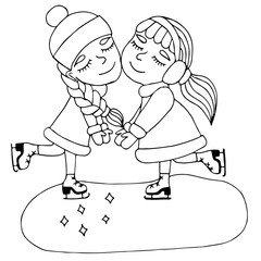Two girls of friend hold on to the hands on skates