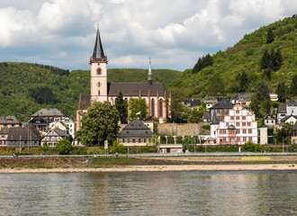 Fototapeta na wymiar View from the River Rhine of the village of Lorch in the famous Rhine Gorge north of Rudesheim, Germany