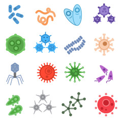 Virus and bacteria icons set. microorganism collection. flat design