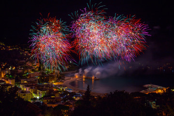 Beautiful and pyrotechnic fireworks in Recco, Italy / Fireworks in Recco, Genoa, Italy
