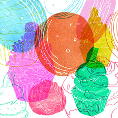 illustration with the image of cakes made watercolor silhouette of pink, blue, green, yellow and red.