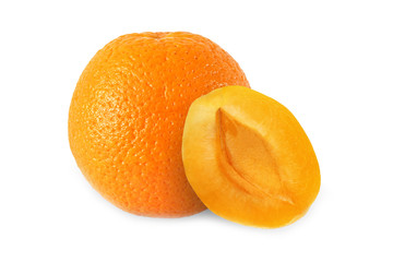 whole orange and half apricot without stone isolated on white ba
