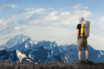 man hiking in mountains