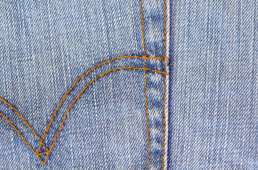 Blue jeans background with threads seam