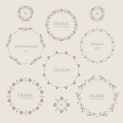 Set of round frames and monograms. Template  labels, stickers, cards. 