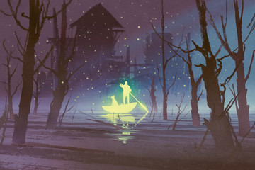 Fototapeta premium glowing man and dog rowing boat in river at night,illustration painting