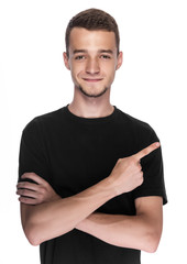 Man points to an empty space.