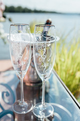 Wedding glasses filled with champagne at banquet