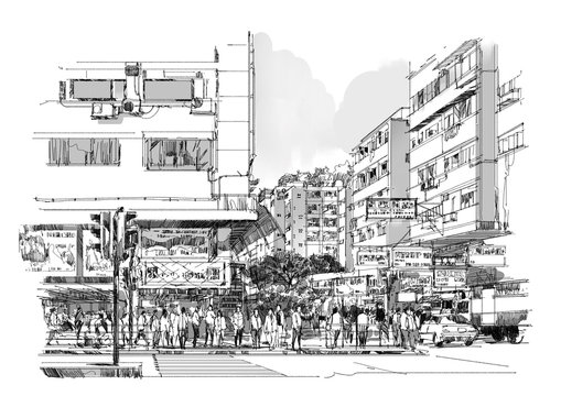 hand drawn sketch of city street,cityscape,drawing,Illustration.