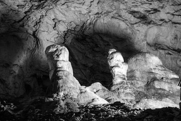 Scene from the amazing bulgarian cave Magura. Black and white photography