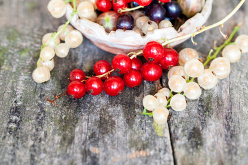 Currants, cherries and other summer fruits with old wood texture