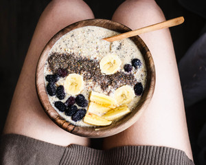 smoothies bowl with banana, ground flax and mulberry