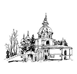 black and white sketch drawing of Vydubychi monastery in Kyiv Uk