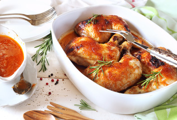 Broiled chicken with sauce and rosemary