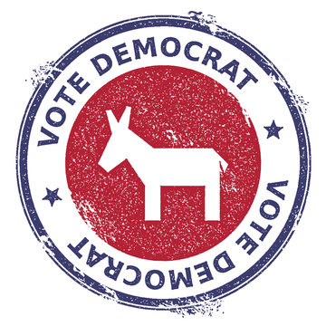 Grunge broken democrat donkeys rubber stamp. USA presidential election patriotic seal with broken democrat donkeys silhouette and Vote Democrat text. Rubber stamp vector illustration.