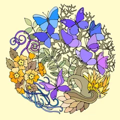 Foto op Plexiglas Decorative round floral pattern with butterflies, leaves and flowers. Floral design elements. Vector color illustration. © oksenoyd_irina