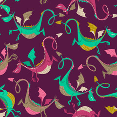 Seamless pattern with multi-colored funny Dragons. Background for cards and invitations. Vector illustration