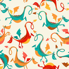 Seamless pattern with multi-colored funny Dragons. Background for cards and invitations. Vector illustration
