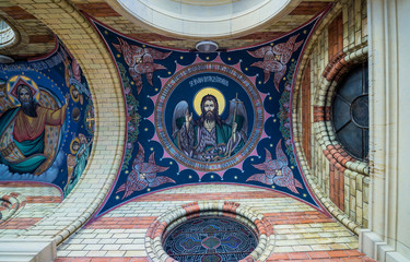 Paintings above main entrance of Orthodox Holy Trinity Cathedral in Sibiu in Romania