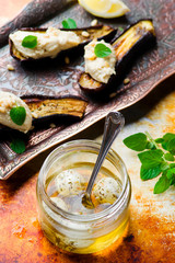 the baked eggplants with goat  cheese and tahini dip