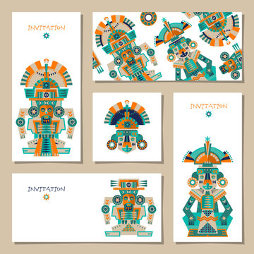 Set of 5 universal cards with Aztec and Maya Ceremonial Sculptures. Template. Party, birthday, holiday. Vector illustration