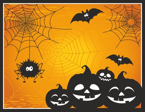 Fun and cute cartoon Halloween post card with pumpkins, spider, bats and web. Happy Halloween greeting card. Halloween vector illustration. Halloween background