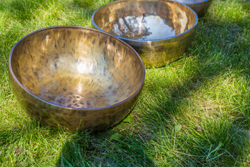Fototapeta premium Singing bowls for massage in a row on grass