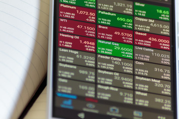 Obraz premium Stock market on smart mobile phone. Mobile phone on the notebook