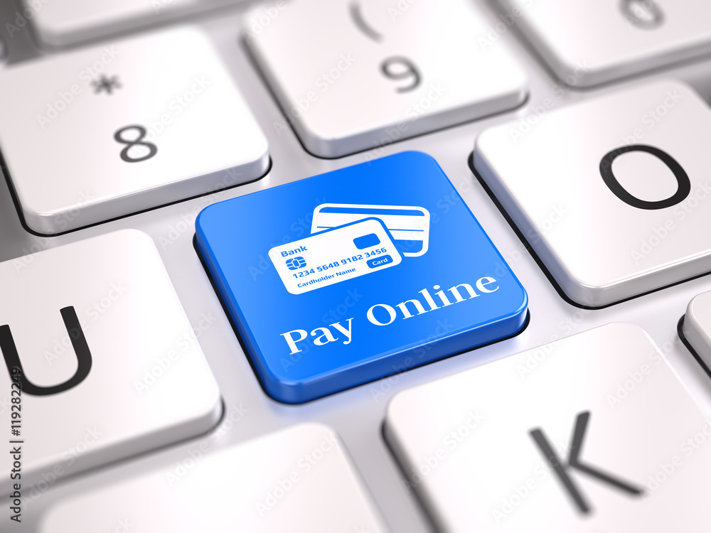 Poster pay online button on computer keyboard. 3d rendering