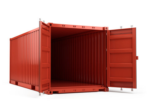 3d rendering of Open Red Freight cargo shipping container against a white background