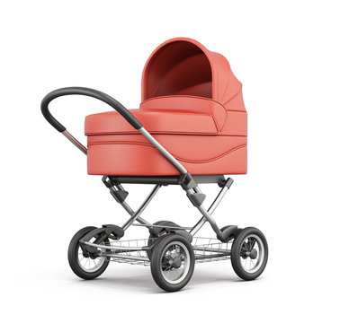 Red baby stroller. For boy. 3d rendering.