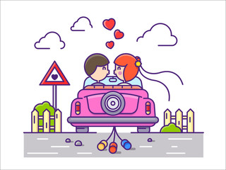 Love concept flat. Newlyweds kissing in car with cans. Vector illustration