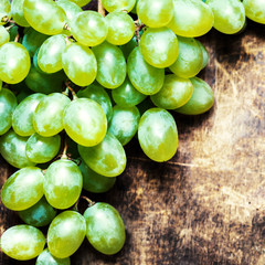 Fresh white  bunch grapes over  wood barrel macro. Grapes on a v