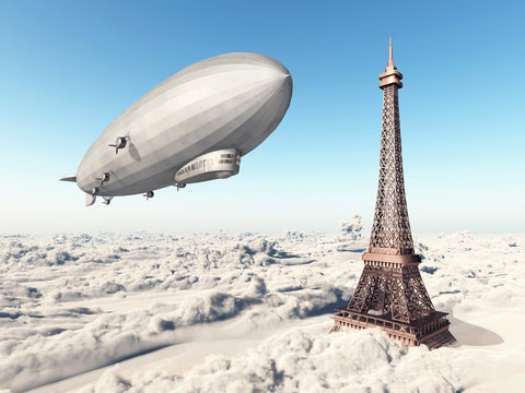 Zeppelin und Eiffelturm über den Wolken