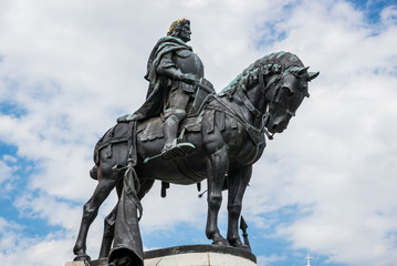 Matthias Corvinus Monument in front of St. Michael's Church in Cluj-Napoca city in Romania