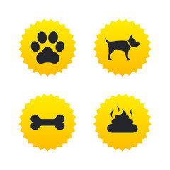 Pets icons. Dog paw and feces signs.